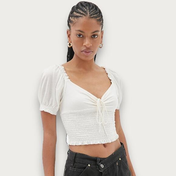 Urban Outfitters Surf Club Smocked Blouse | XS Extra Small | Ivory Puff Sleeve - Picture 2 of 6